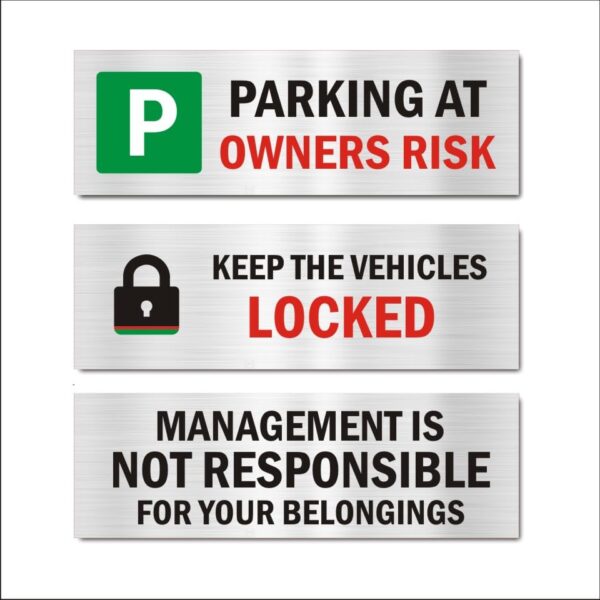 Parking at owners risk | Keep vehicles closed combo Signboard gold color Acrylic 12 x 4 inches | 2mm thickness | Pack of 3