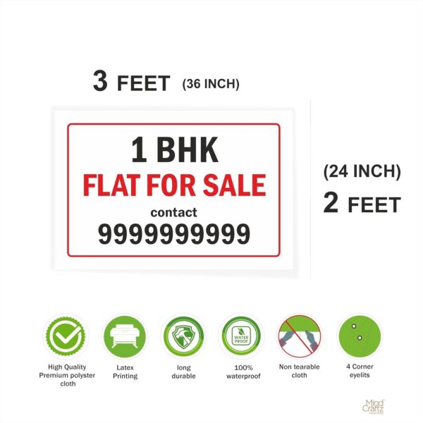 1 BHK Flat for Sale Cloth Banner 3 x 2 feet Waterproof, Long Durable Latex Printed Signage for Flats, Apartments, Home. Pack of 2 Pieces | Mindcraftz