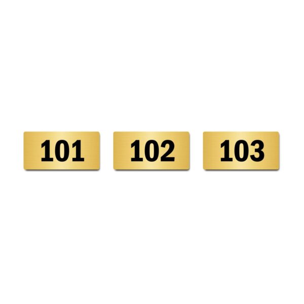 Door Numbers 101 to 103 Acrylic Board Small Gold Color 2mm Thick 4 x 2 Inches Pack of 3. Suitable for First Floor Buildings, Flats, Apartments, Racks, Shelfs for Arranging | Mindcraftz