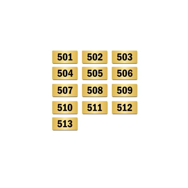 Door Numbers 501 to 513 Acrylic Board Small Gold Color 2mm Thick 4 x 2 Inches Pack of 13. Suitable for Fifth Floor Buildings, Flats, Apartments, Racks, Shelfs for Arranging | Mindcraftz
