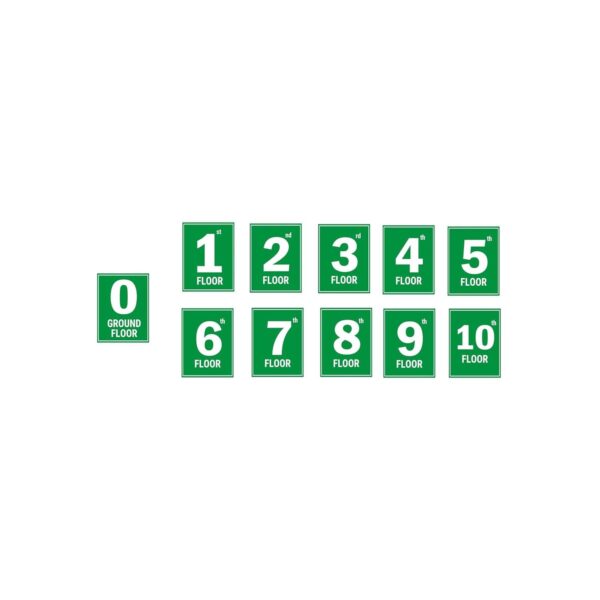 G plus Ten Floor Lift Lobby Staircase Floor Number Acrylic Sign Board Green Color 2mm Thickness 8 x 6 inches Pack of 11