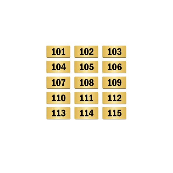Door Numbers 101 to 115 Acrylic Board Small Gold Color 2mm Thick 4 x 2 Inches Pack of 15. Suitable for First Floor Buildings, Flats, Apartments, Racks, Shelfs for Arranging | Mindcraftz