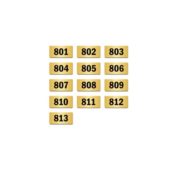 Door Numbers 801 to 813 Acrylic Board Small Gold Color 2mm Thick 4 x 2 Inches Pack of 13. Suitable for Eighth Floor Buildings, Flats, Apartments, Racks, Shelfs for Arranging | Mindcraftz