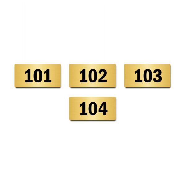 Door Numbers 101 to 104 Acrylic Board Medium Gold Color 2mm Thick 6 x 3 Inches Pack of 4. Suitable for First Floor Buildings, Flats, Apartments, Racks, Shelfs for Arranging | Mindcraftz
