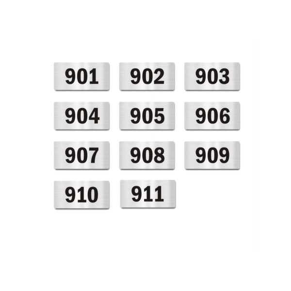 Door Numbers 901 to 911 Acrylic Board Small Silver color 2mm thick 4 x 2 Inches Pack of 11. Suitable for Nineth Floor Buildings, Flats, Apartments, Racks, Shelfs for arranging | Mindcraftz