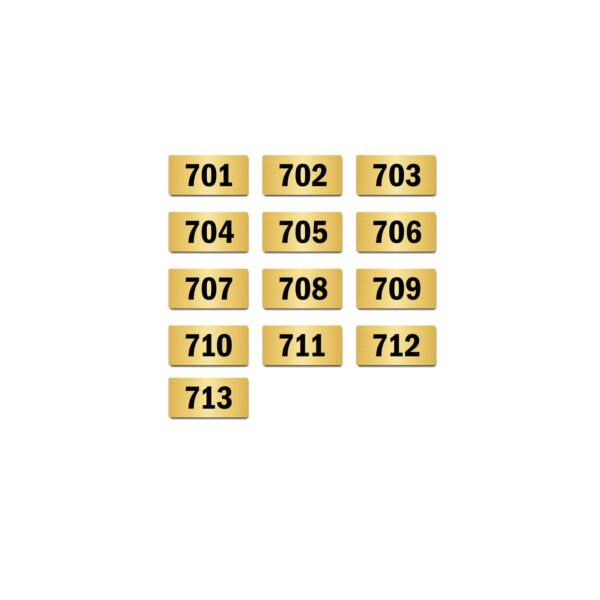 Door Numbers 701 to 713 Acrylic Board Small Gold Color 2mm Thick 4 x 2 Inches Pack of 13. Suitable for Seventh Floor Buildings, Flats, Apartments, Racks, Shelfs for Arranging | Mindcraftz