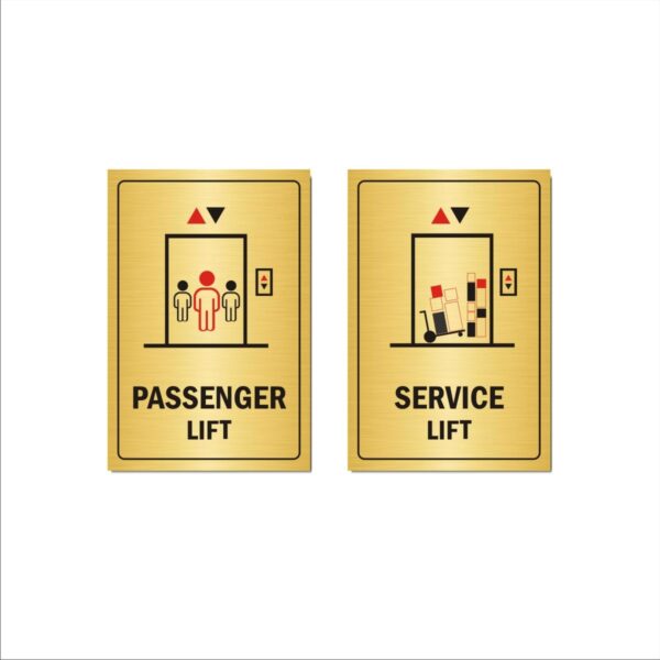 Passenger Lift and Service Lift Acrylic Sign Board Gold Color 12x8 inches Pack of 2 English .Suitable for Hospitals, Office Buildings, Business, Medical Centres, Hotels, Apartments, etc. Mindcraftz?