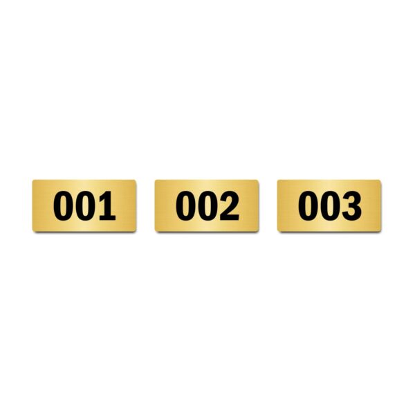 Door Numbers 001 to 003 Acrylic Board Medium Gold Color 2mm Thick 6 x 3 Inches Pack of 3. Suitable for Ground Floor Buildings, Flats, Apartments, Racks, Shelfs for Arranging | Mindcraftz