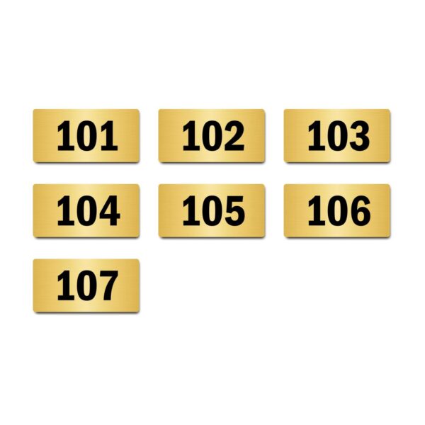 Door Numbers 101 to 107 Acrylic Board Medium Gold Color 2mm Thick 6 x 3 Inches Pack of 7. Suitable for First Floor Buildings, Flats, Apartments, Racks, Shelfs for Arranging | Mindcraftz
