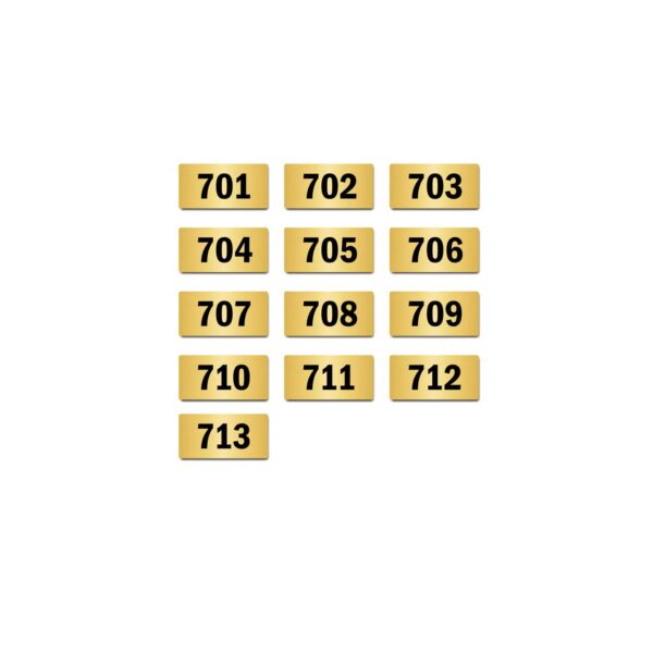 Door Numbers 701 to 713 Acrylic Board Medium Gold Color 2mm Thick 6 x 3 Inches Pack of 13. Suitable for Seventh Floor Buildings, Flats, Apartments, Racks, Shelfs for Arranging | Mindcraftz