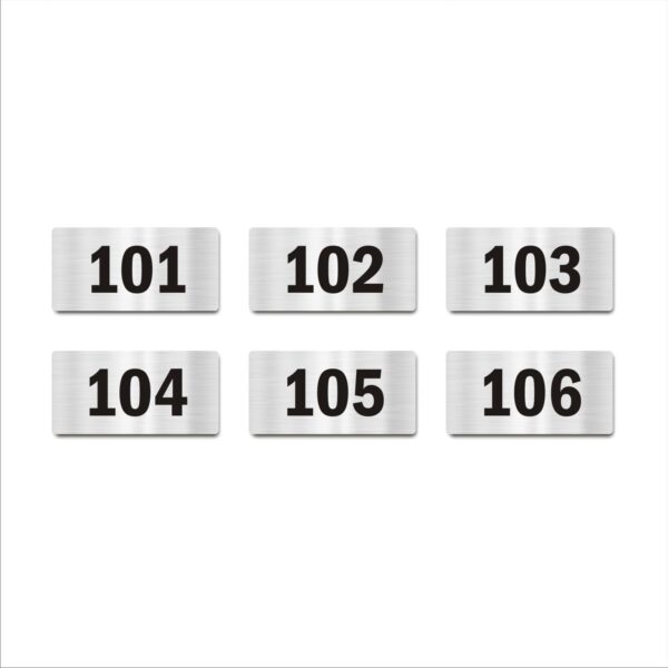 Door Numbers 101 to 106 Acrylic Board Medium Silver Color 2mm Thick 6 x 3 Inches Pack of 6 Suitable for First Floor Buildings, Flats, Apartments, Racks, Shelfs for Arranging | Mindcraftz