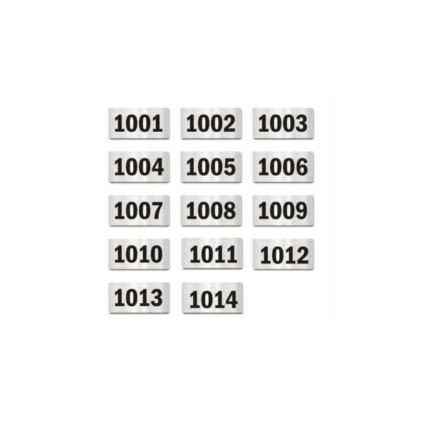 Door Numbers 1001 to 1014 Acrylic Board Small Silver Color 2mm Thick 4 x 2 Inches Pack of 14. Suitable for Tenth Floor Buildings, Flats, Apartments, Racks, Shelfs for Arranging | Mindcraftz