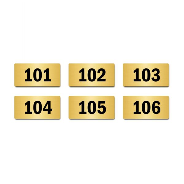 Door Numbers 101 to 106 Acrylic Board Medium Gold Color 2mm Thick 6 x 3 Inches Pack of 6. Suitable for First Floor Buildings, Flats, Apartments, Racks, Shelfs for Arranging | Mindcraftz