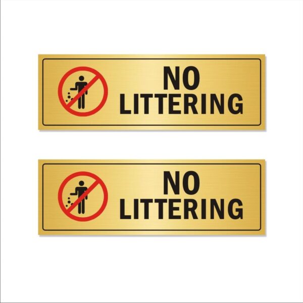 No Littering Horizontal Gold Color Acrylic Signboard 12 x 4 inches | 2mm Thick | Pack of 2 | Mindcraftz