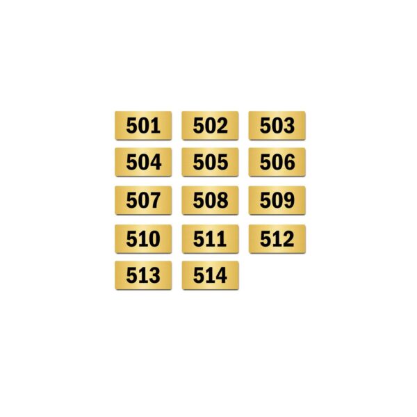 Door Numbers 501 to 514 Acrylic Board Small Gold Color 2mm Thick 4 x 2 Inches Pack of 14. Suitable for Fifth Floor Buildings, Flats, Apartments, Racks, Shelfs for Arranging | Mindcraftz
