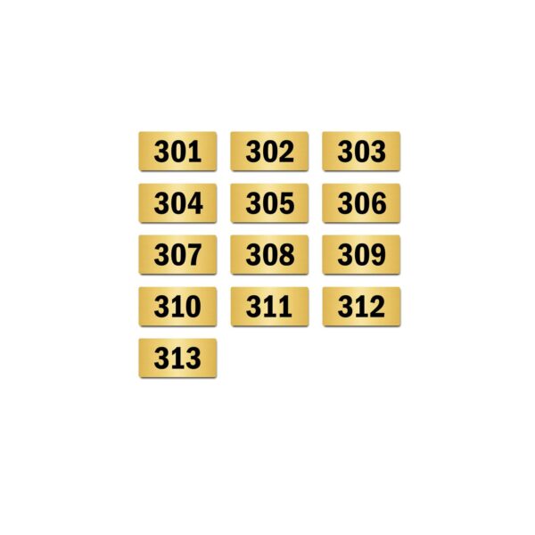 Door Numbers 301 to 313 Acrylic Board Small Gold Color 2mm Thick 4 x 2 Inches Pack of 13. Suitable for Third Floor Buildings, Flats, Apartments, Racks, Shelfs for Arranging | Mindcraftz