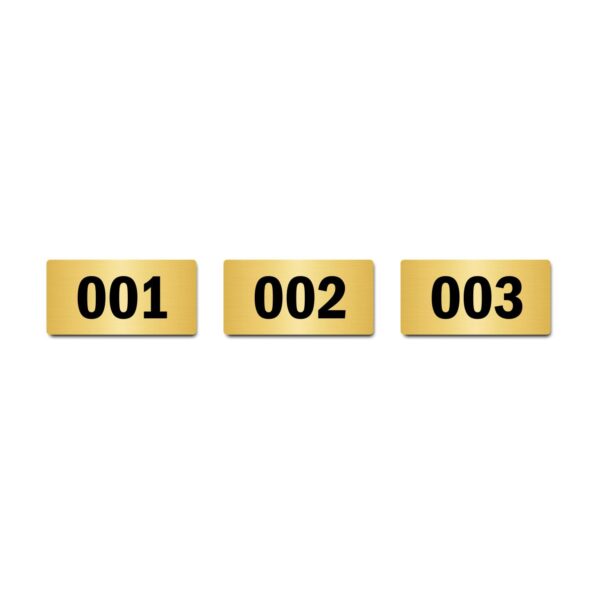 Door Numbers 001 to 003 Acrylic Board Small Gold Color 2mm Thick 4 x 2 Inches Pack of 3. Suitable for Ground Floor Buildings, Flats, Apartments, Racks, Shelfs for Arranging | Mindcraftz