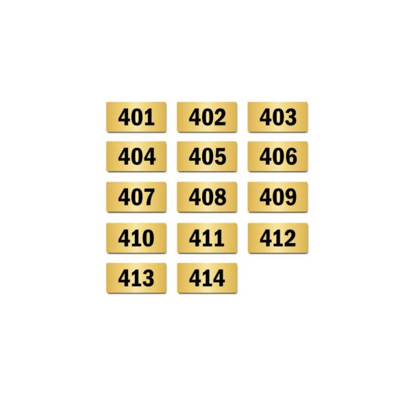 Door Numbers 401 to 414 Acrylic Board Small Gold Color 2mm Thick 4 x 2 Inches Pack of 14. Suitable for Fourth Floor Buildings, Flats, Apartments, Racks, Shelfs for Arranging | Mindcraftz