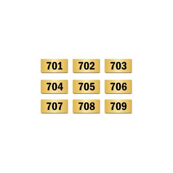 Door Numbers 701 to 709 Acrylic Board Small Gold Color 2mm Thick 4 x 2 Inches Pack of 9. Suitable for Seventh Floor Buildings, Flats, Apartments, Racks, Shelfs for Arranging | Mindcraftz