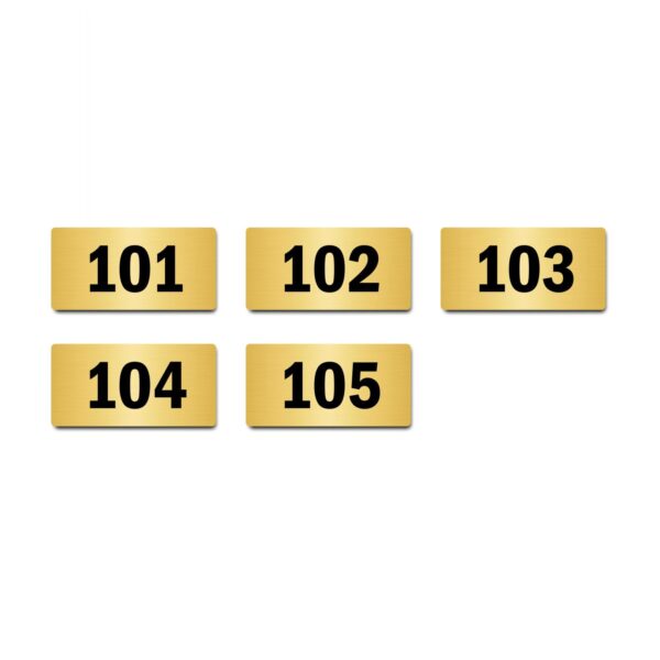 Door Numbers 101 to 105 Acrylic Board Medium Gold Color 2mm Thick 6 x 3 Inches Pack of 5. Suitable for First Floor Buildings, Flats, Apartments, Racks, Shelfs for Arranging | Mindcraftz