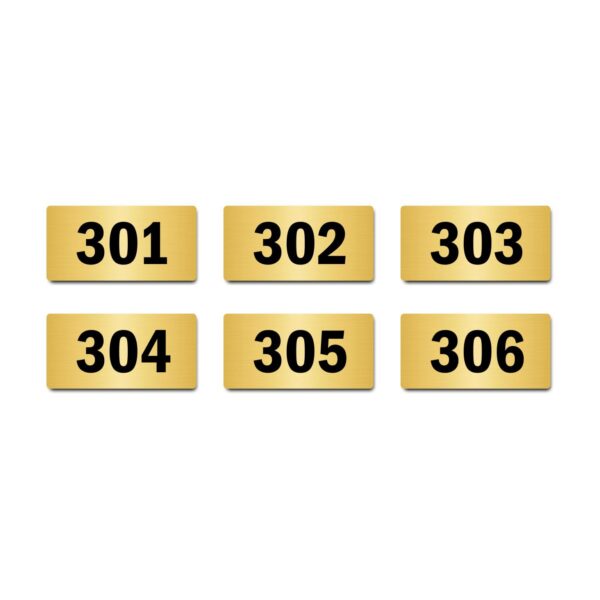 Door Numbers 301 to 306 Acrylic Board Medium Gold Color 2mm Thick 6 x 3 Inches Pack of 6. Suitable for Third Floor Buildings, Flats, Apartments, Racks, Shelfs for Arranging | Mindcraftz