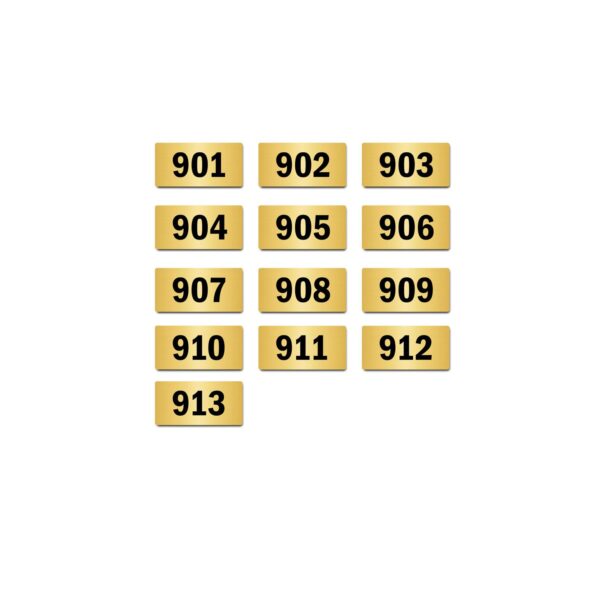 Door Numbers 901 to 913 Acrylic Board Small Gold Color 2mm Thick 4 x 2 Inches Pack of 13. Suitable for Nineth Floor Buildings, Flats, Apartments, Racks, Shelfs for Arranging | Mindcraftz