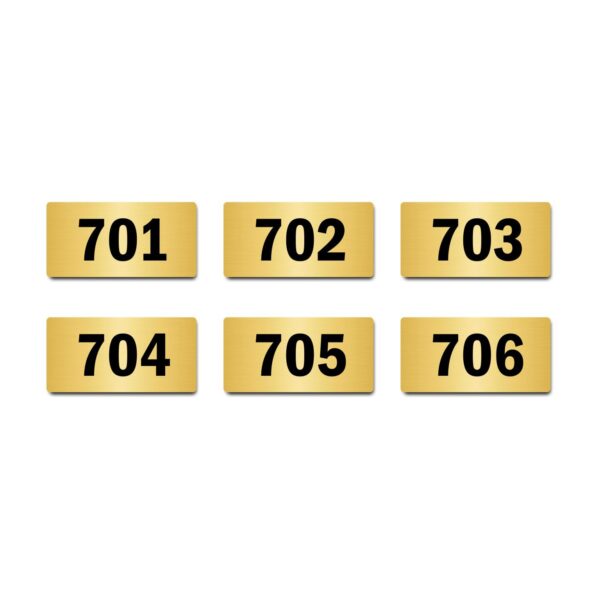 Door Numbers 701 to 706 Acrylic Board Medium Gold Color 2mm Thick 6 x 3 Inches Pack of 6. Suitable for Seventh Floor Buildings, Flats, Apartments, Racks, Shelfs for Arranging | Mindcraftz