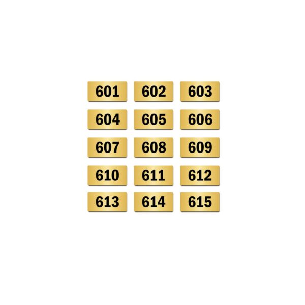 Door Numbers 601 to 615 Acrylic Board Small Gold Color 2mm Thick 4 x 2 Inches Pack of 15. Suitable for Sixth Floor Buildings, Flats, Apartments, Racks, Shelfs for Arranging | Mindcraftz