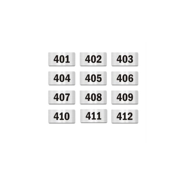 Door Numbers 401 to 412 Acrylic Board Small Silver Color 2mm Thick 4 x 2 Inches Pack of 12. Suitable for Fourth Floor Buildings, Flats, Apartments, Racks, Shelfs for Arranging | Mindcraftz
