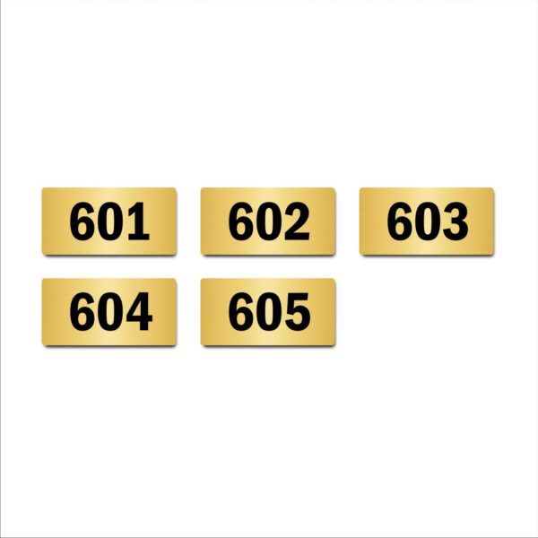 Door Numbers 601 to 605 Acrylic Board Small Gold Color 2mm Thick 4 x 2 Inches Pack of 5. Suitable for Sixth Floor Buildings, Flats, Apartments, Racks, Shelfs for Arranging | Mindcraftz