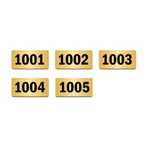 Door Numbers 1001 to 1005 Acrylic Board Small Gold Color 2mm Thick 4 x 2 Inches Pack of 5. Suitable for Tenth Floor Buildings, Flats, Apartments, Racks, Shelfs for Arranging | Mindcraftz