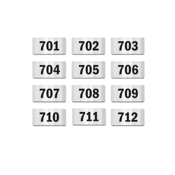 Door Numbers 701 to 712 Acrylic Board Small Silver Color 2mm Thick 4 x 2 Inches Pack of 12. Suitable for Seventh Floor Buildings, Flats, Apartments, Racks, Shelfs for Arranging | Mindcraftz