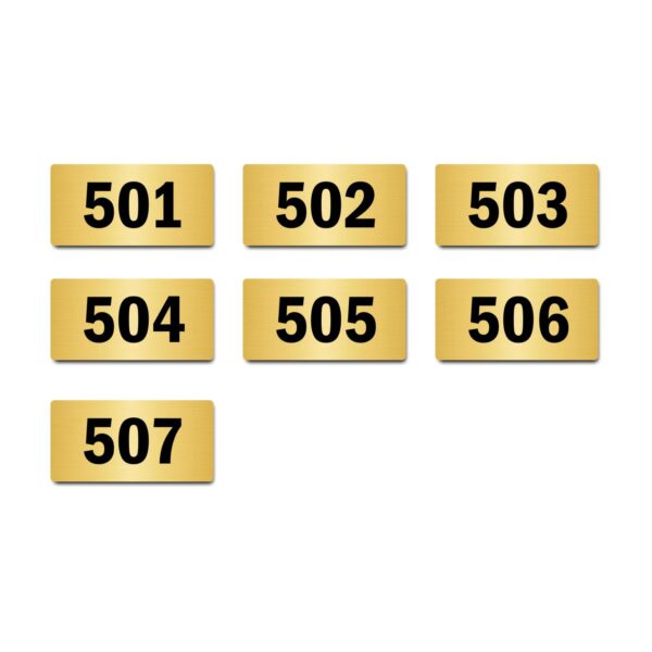 Door Numbers 501 to 507 Acrylic Board Medium Gold Color 2mm Thick 6 x 3 Inches Pack of 7. Suitable for Fifth Floor Buildings, Flats, Apartments, Racks, Shelfs for Arranging | Mindcraftz