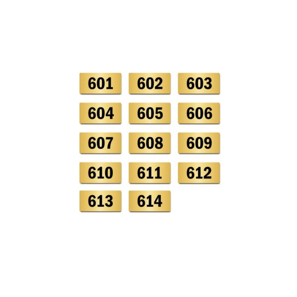 Door Numbers 601 to 614 Acrylic Board Small Gold Color 2mm Thick 4 x 2 Inches Pack of 14. Suitable for Sixth Floor Buildings, Flats, Apartments, Racks, Shelfs for Arranging | Mindcraftz