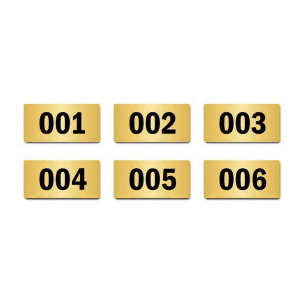 Door Numbers 001 to 006 Acrylic Board Medium Gold Color 2mm Thick 6 x 3 Inches Pack of 6. Suitable for Ground Floor Buildings, Flats, Apartments, Racks, Shelfs for Arranging | Mindcraftz