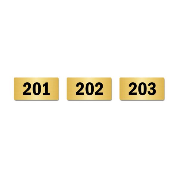 Door Numbers 201 to 203 Acrylic Board Small Gold Color 2mm Thick 4 x 2 Inches Pack of 3. Suitable for Second Floor Buildings, Flats, Apartments, Racks, Shelfs for Arranging | Mindcraftz