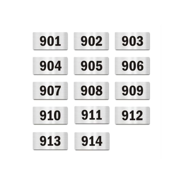 Door Numbers 901 to 914 Acrylic Board Small Silver color 2mm thick 4 x 2 Inches Pack of 14. Suitable for Nineth Floor Buildings, Flats, Apartments, Racks, Shelfs for arranging | Mindcraftz