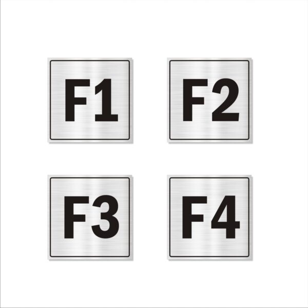 First Floor F1,F2,F3,F4 Door Numbers Acrylic Sign Square Board Silver Colour 2mm Thick 4x4 Inches | Medium | Pack of 4 | Mindcraftz