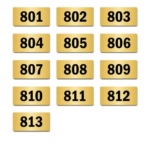 Door Numbers 801 to 813 Acrylic Board Medium Gold Color 2mm Thick 6 x 3 Inches Pack of 13. Suitable for Eighth Floor Buildings, Flats, Apartments, Racks, Shelfs for Arranging | Mindcraftz