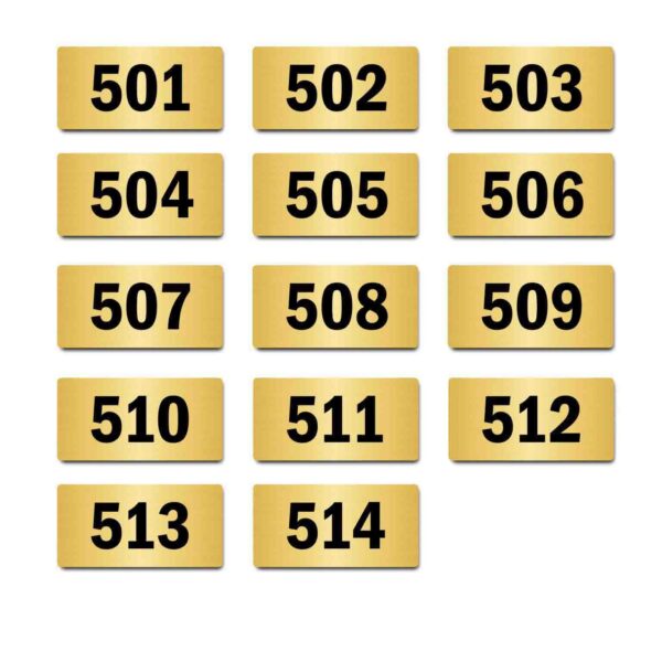Door Numbers 501 to 514 Acrylic Board Medium Gold Color 2mm Thick 6 x 3 Inches Pack of 14. Suitable for Fifth Floor Buildings, Flats, Apartments, Racks, Shelfs for Arranging | Mindcraftz