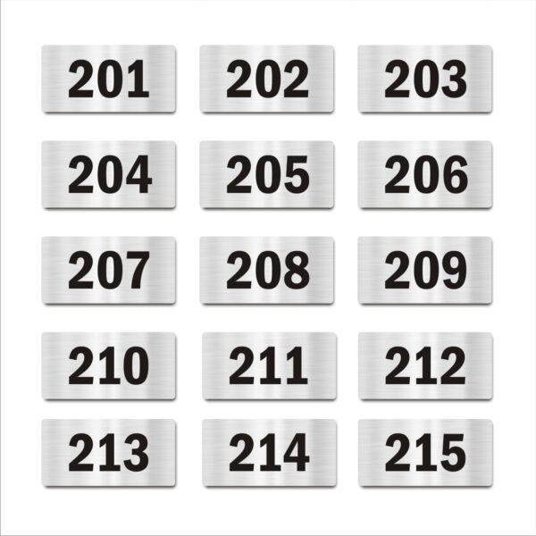Door Numbers 201 to 215 Acrylic Board Medium Silver Color 2mm Thick 6 x 3 Inches Pack of 15 Suitable for Second Floor Buildings, Flats, Apartments, Racks, Shelfs for Arranging | Mindcraftz