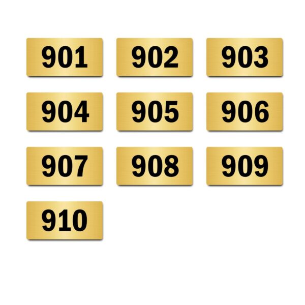 Door Numbers 901 to 910 Acrylic Board Medium Gold Color 2mm Thick 6 x 3 Inches Pack of 10. Suitable for Nineth Floor Buildings, Flats, Apartments, Racks, Shelfs for Arranging | Mindcraftz