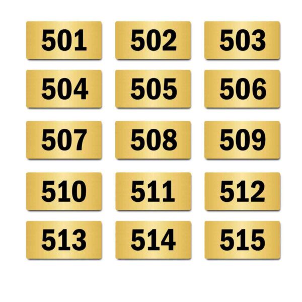 Door Numbers 501 to 515 Acrylic Board Medium Gold Color 2mm Thick 6 x 3 Inches Pack of 15. Suitable for Fifth Floor Buildings, Flats, Apartments, Racks, Shelfs for Arranging | Mindcraftz