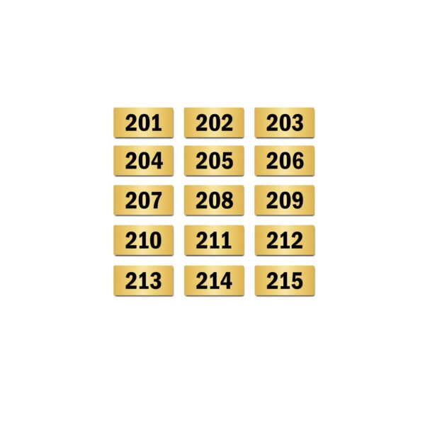 Door Numbers 201 to 215 Acrylic Board Small Gold Color 2mm Thick 4 x 2 Inches Pack of 15. Suitable for Second Floor Buildings, Flats, Apartments, Racks, Shelfs for Arranging | Mindcraftz