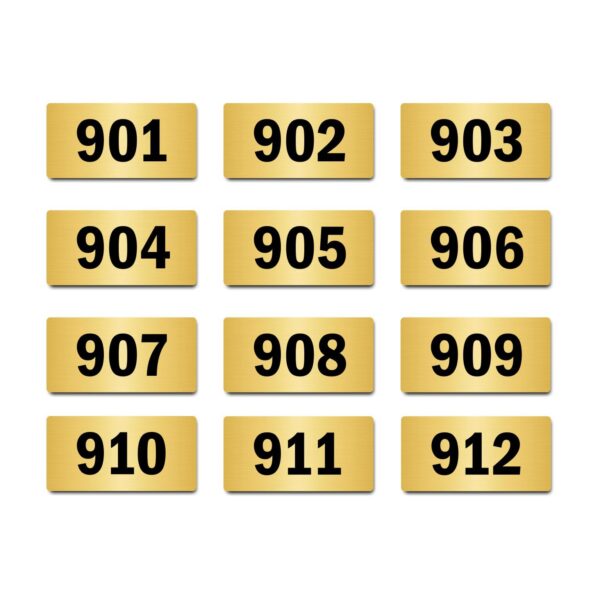 Door Numbers 901 to 912 Acrylic Board Medium Gold Color 2mm Thick 6 x 3 Inches Pack of 12. Suitable for Nineth Floor Buildings, Flats, Apartments, Racks, Shelfs for Arranging | Mindcraftz