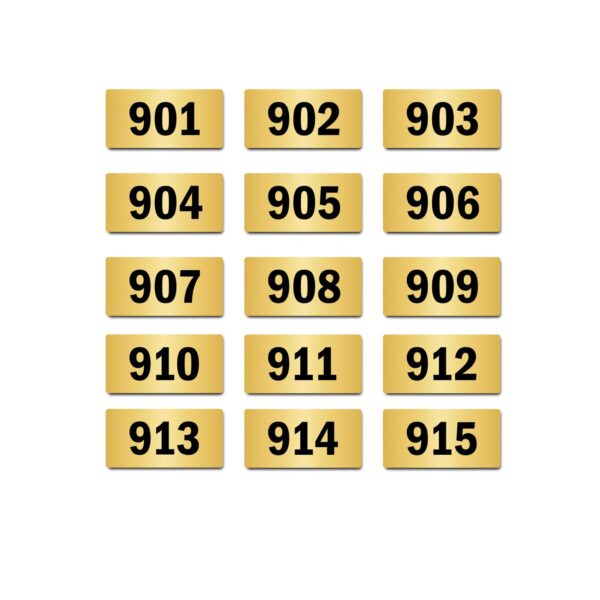 Door Numbers 901 to 915 Acrylic Board Small Gold Color 2mm Thick 4 x 2 Inches Pack of 15. Suitable for Nineth Floor Buildings, Flats, Apartments, Racks, Shelfs for Arranging | Mindcraftz