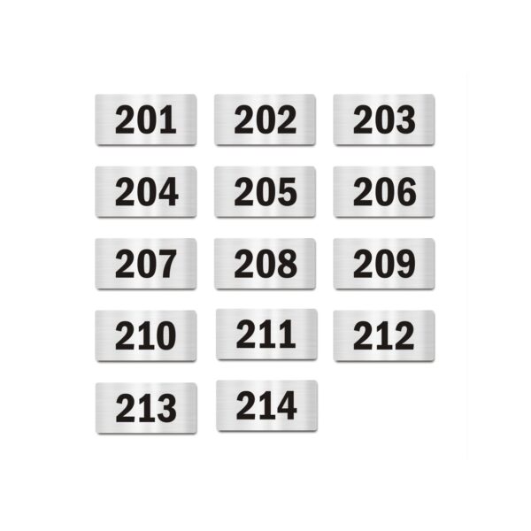 Door Numbers 201 to 214 Acrylic Board Small Silver color 2mm thick 4 x 2 Inches Pack of 14. Suitable for Second Floor Buildings, Flats, Apartments, Racks, Shelfs for arranging | Mindcraftz