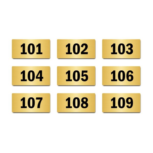 Door Numbers 101 to 109 Acrylic Board Medium Gold Color 2mm Thick 6 x 3 Inches Pack of 9. Suitable for First Floor Buildings, Flats, Apartments, Racks, Shelfs for Arranging | Mindcraftz