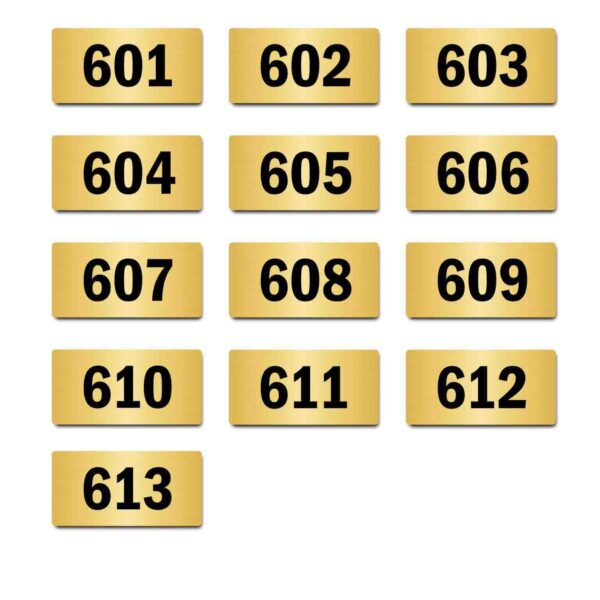 Door Numbers 601 to 613 Acrylic Board Medium Gold Color 2mm Thick 6 x 3 Inches Pack of 13. Suitable for Sixth Floor Buildings, Flats, Apartments, Racks, Shelfs for Arranging | Mindcraftz