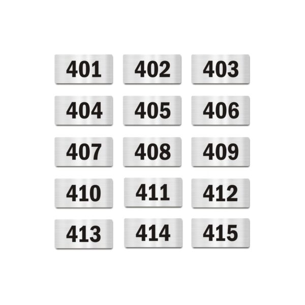 Door Numbers 401 to 415 Acrylic Board Small Silver Color 2mm Thick 4 x 2 Inches Pack of 15. Suitable for Fourth Floor Buildings, Flats, Apartments, Racks, Shelfs for Arranging | Mindcraftz